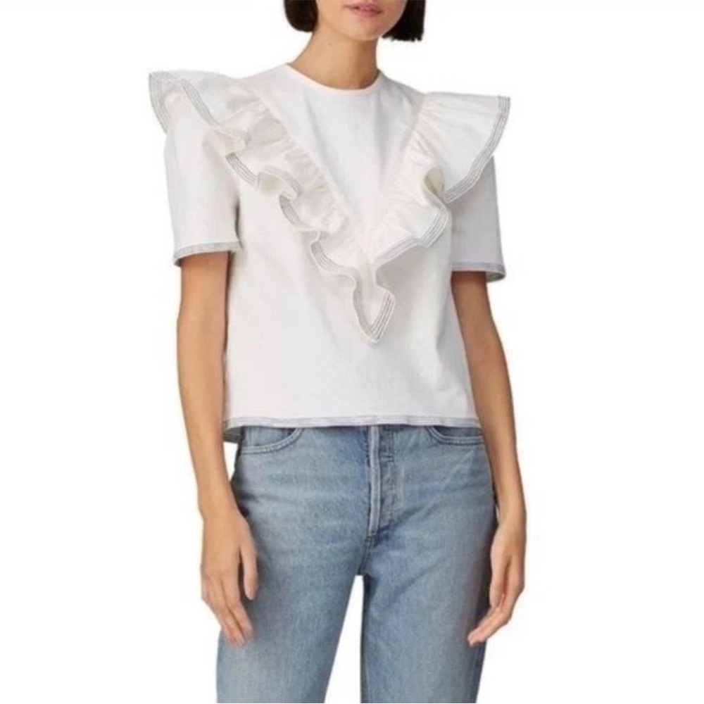 Saylor Anthropologie Harriette White Denim Ruffle Short Sleeve Top Size Small